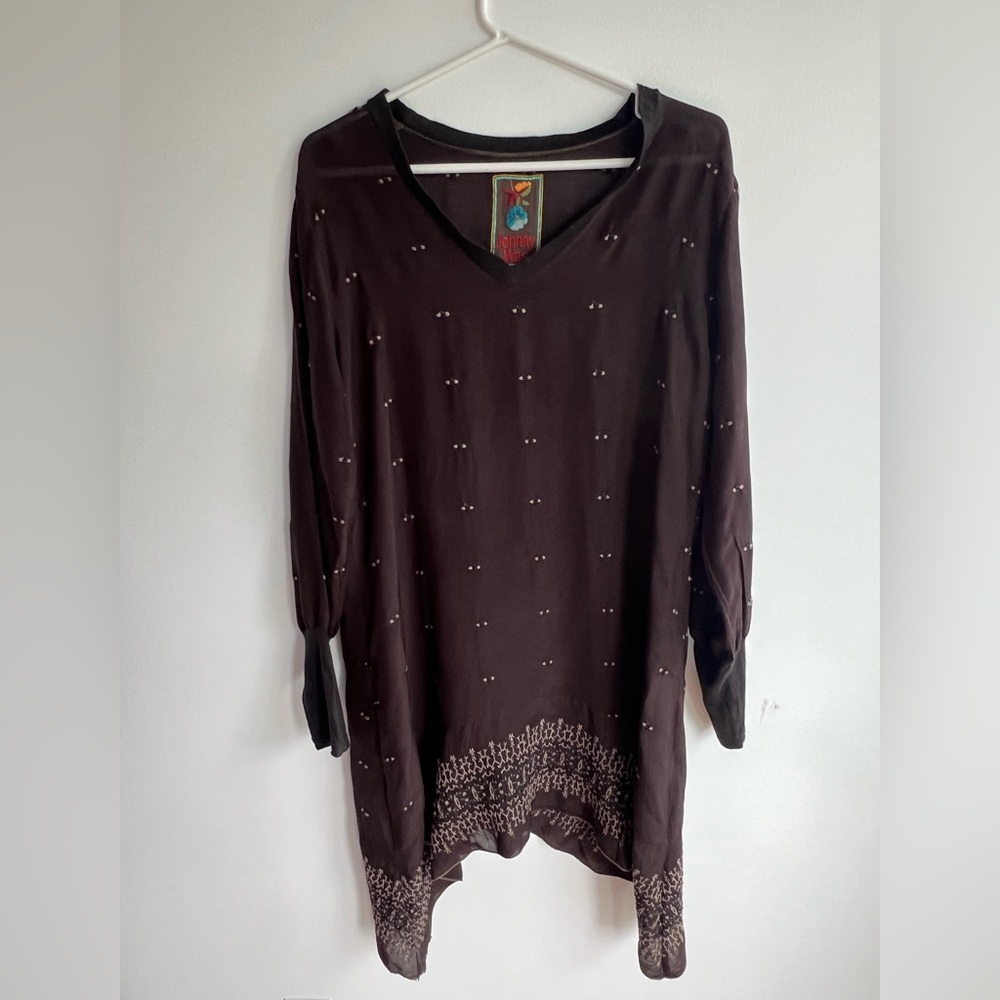 Johnny Was Brown Embroidered dress Top blouse Asymmetrical